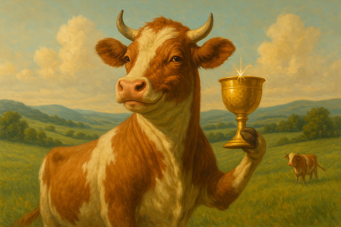 A medieval portrait of a smiling cow holding a golden goblet full of colostrum - representing health and wellness.